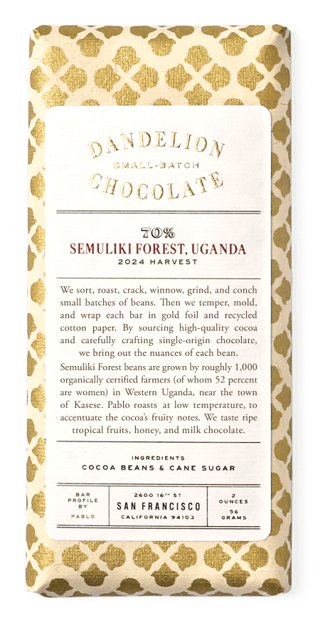 Dandelion Chocolate Semuliki Forest, Uganda 70% cacao bar packaging design.