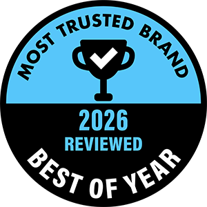 Most Trusted Brand 2026 Reviewed Best of Year award badge.