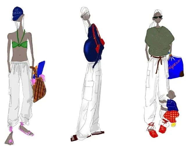 Three fashion sketches featuring unique outfits and accessories.