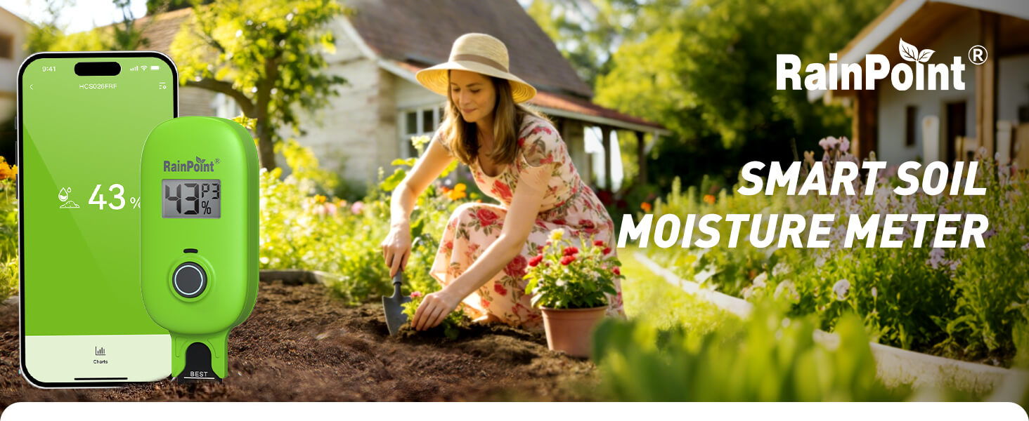 Woman gardening with a smart soil moisture meter and smartphone nearby.