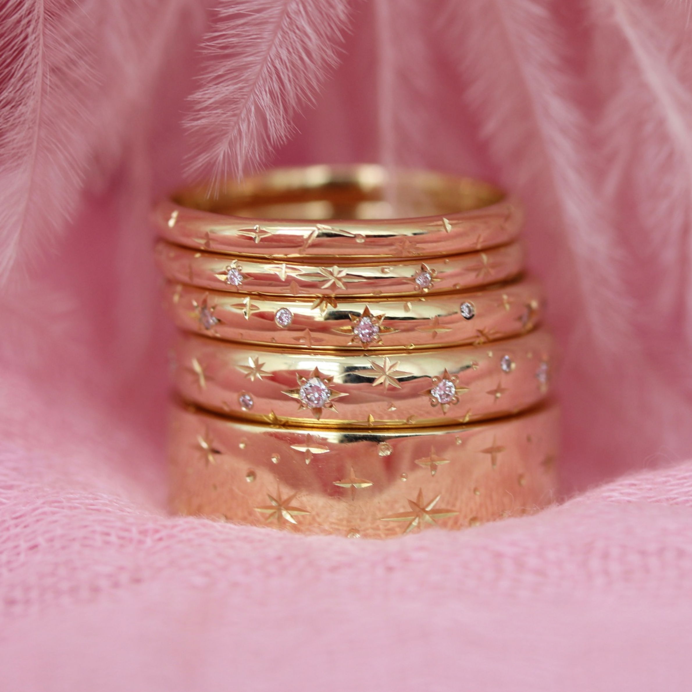 Hand-engraved celestial wedding bands by Gem Breakfast