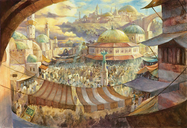 A vibrant market scene with domed buildings and crowds under a colorful sky.