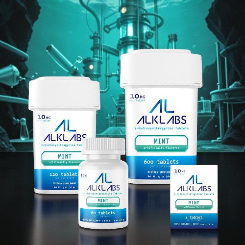 Four containers of ALKLABS products against a blue underwater background.