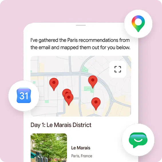Mobile app interface displaying Paris recommendations with a map and location markers.