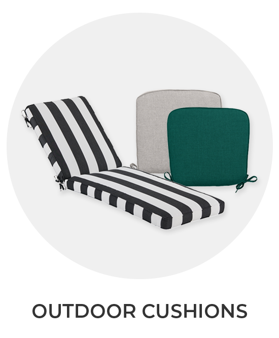 Outdoor cushions in striped and solid colors.