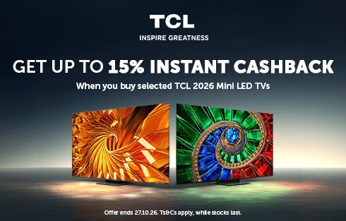 TCL advertisement offering 15% cashback on selected Mini LED TVs.
