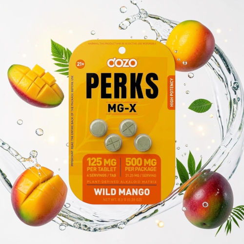 Packaging of Wild Mango flavored supplements with mangoes and water splashes.