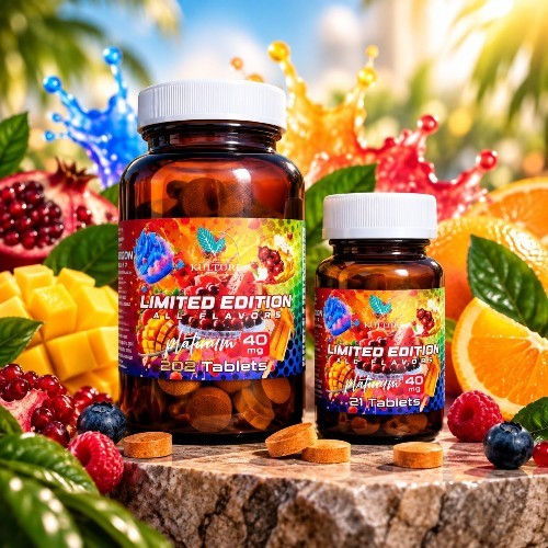 Bottles of limited edition vitamins surrounded by tropical fruits and colorful splashes.