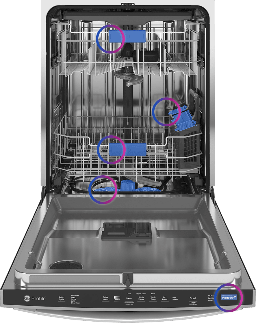 GE Profile Ultrafresh Dishwasher, door open, featuring  bright circles highlighting each of the touchpoints that have Microban technology built in.