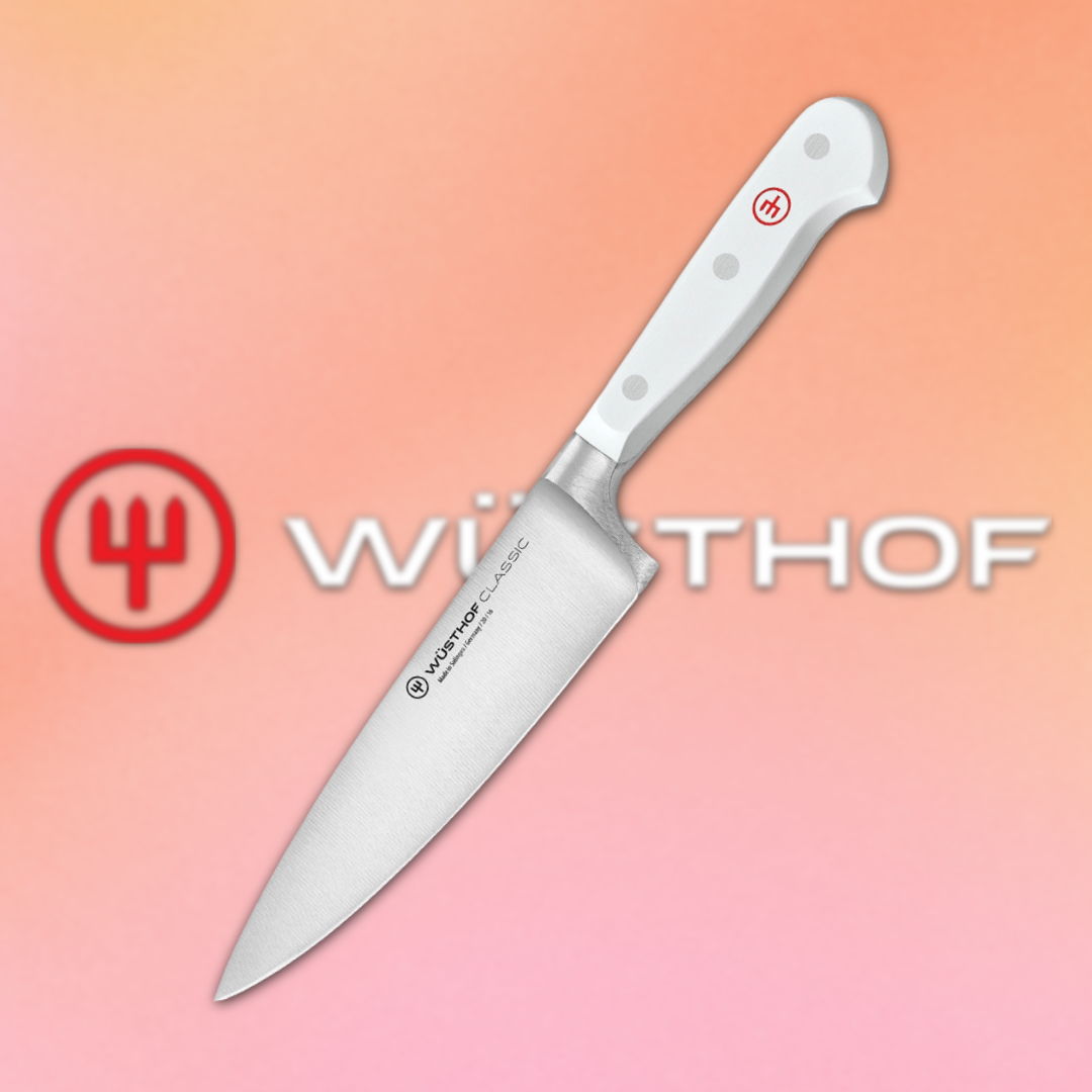 Wüsthof knife on a gradient background with logo.