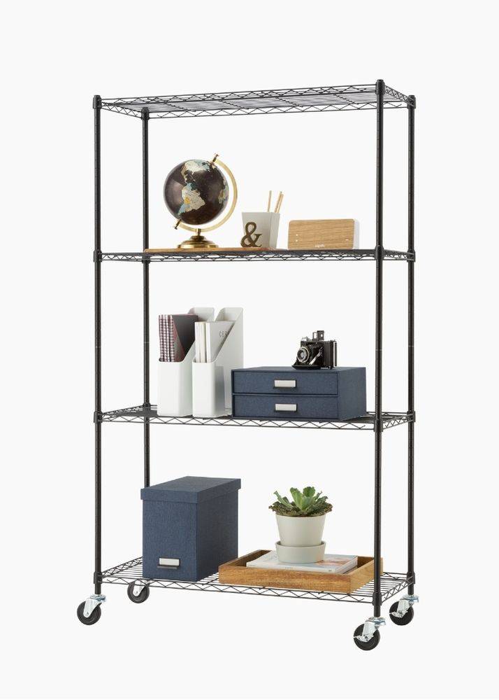 4 tier small black wire hselving rack filled with office supplies