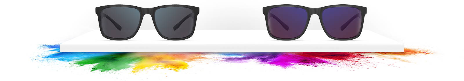 Two pairs of EnChroma  sunglasses for color blindness-- Tilden Cx3 Sun and Tilden Cx3 Sun SP models, displayed on a platform with colorful pattern beneath