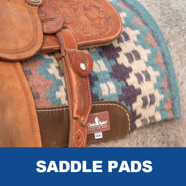 Saddle pads featuring a colorful design and leather accents.