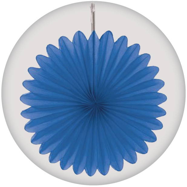Image of hanging blue paper fan decoration. Shop all blue decorations.