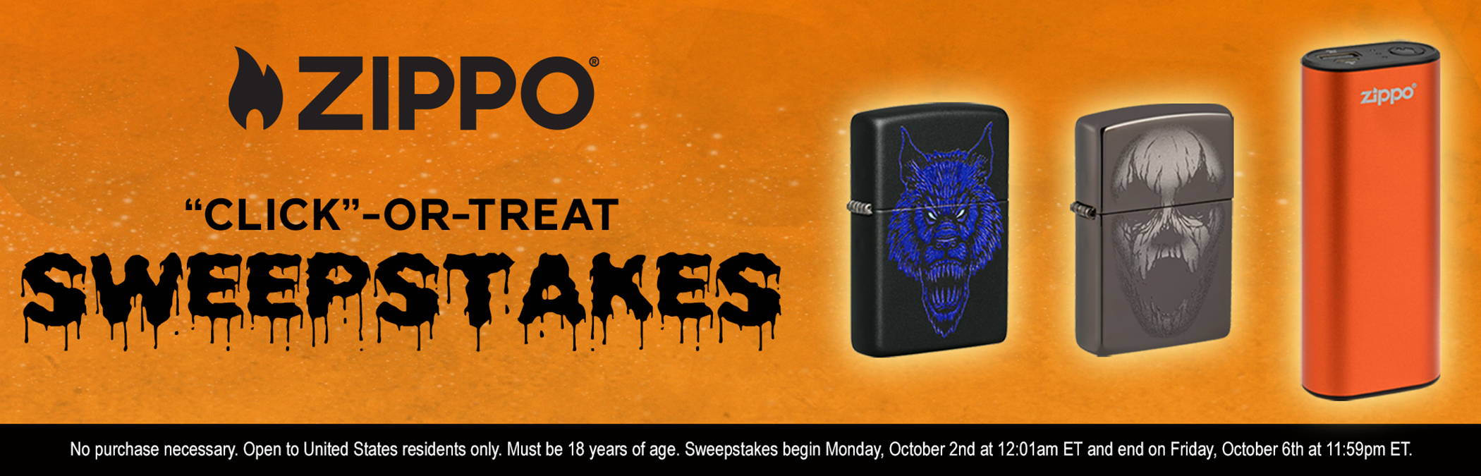 Zippo Click-Or-Treat Sweepstakes masthead with three prize items.