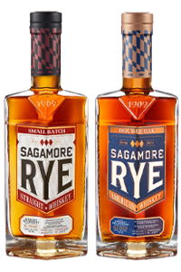Two bottles of Sagamore Rye whiskey, one labeled Small Batch, the other Double Oak.