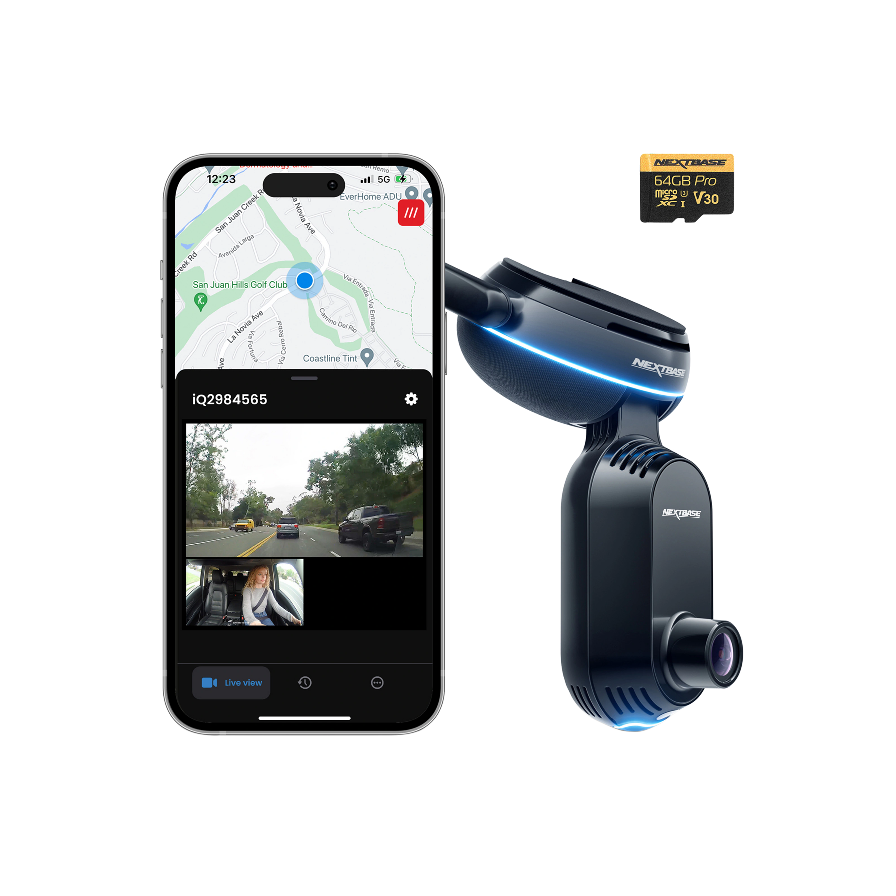 Smartphone displaying maps connected to a car dashcam.