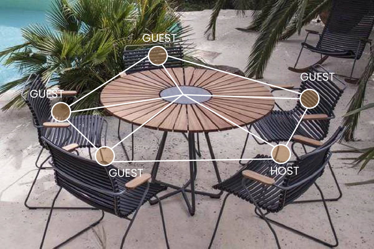 Geometric teak outdoor dining table with diagram showing a round seating arrangement.