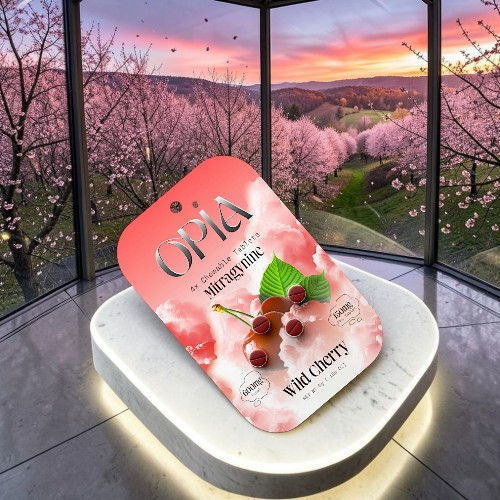 Product packaging on display with a scenic background of cherry blossoms.