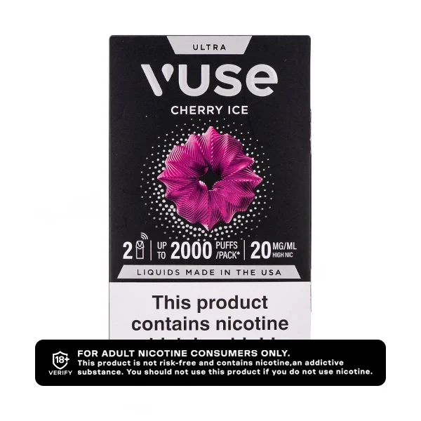 Vuse Ultra Cherry Ice vape pod packaging with warning label.