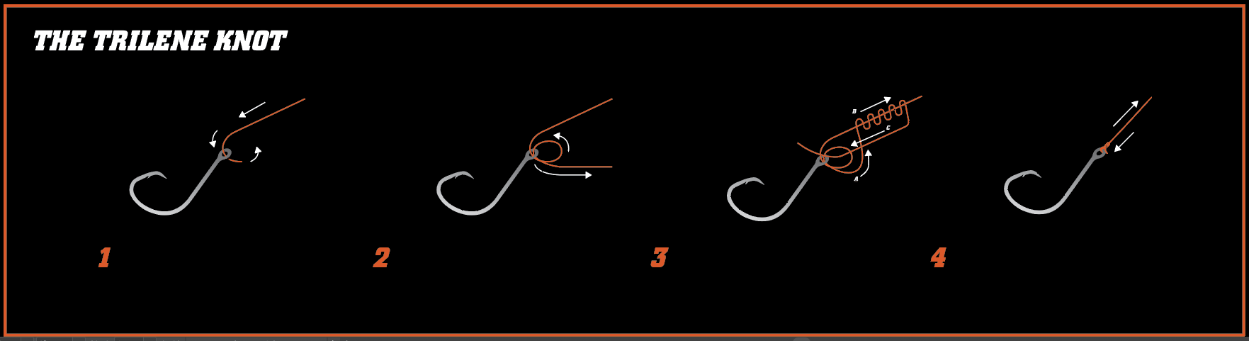 Detailed tutorial image on tying a Trilene knot, ideal for securing fishing line to hooks, swivels, and lures with enhanced strength and reliability