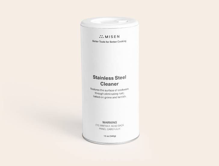 A white 12-ounce Misen Stainless Steel Cleaner container seen from the front, with black lettering and Misen logo.