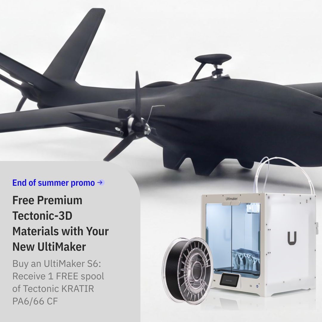 Black drone with promotional text for 3D printing materials.