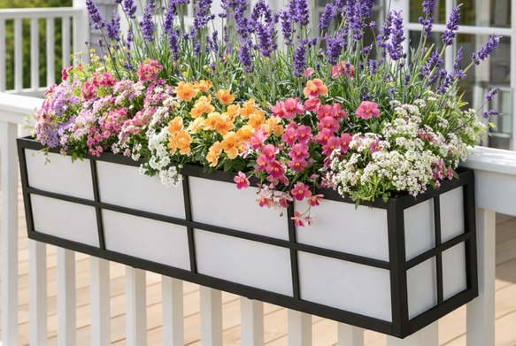 Colorful flowers in a planter box on a balcony railing.