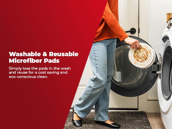 Person placing microfiber pads into a washing machine, promoting washability and reuse.