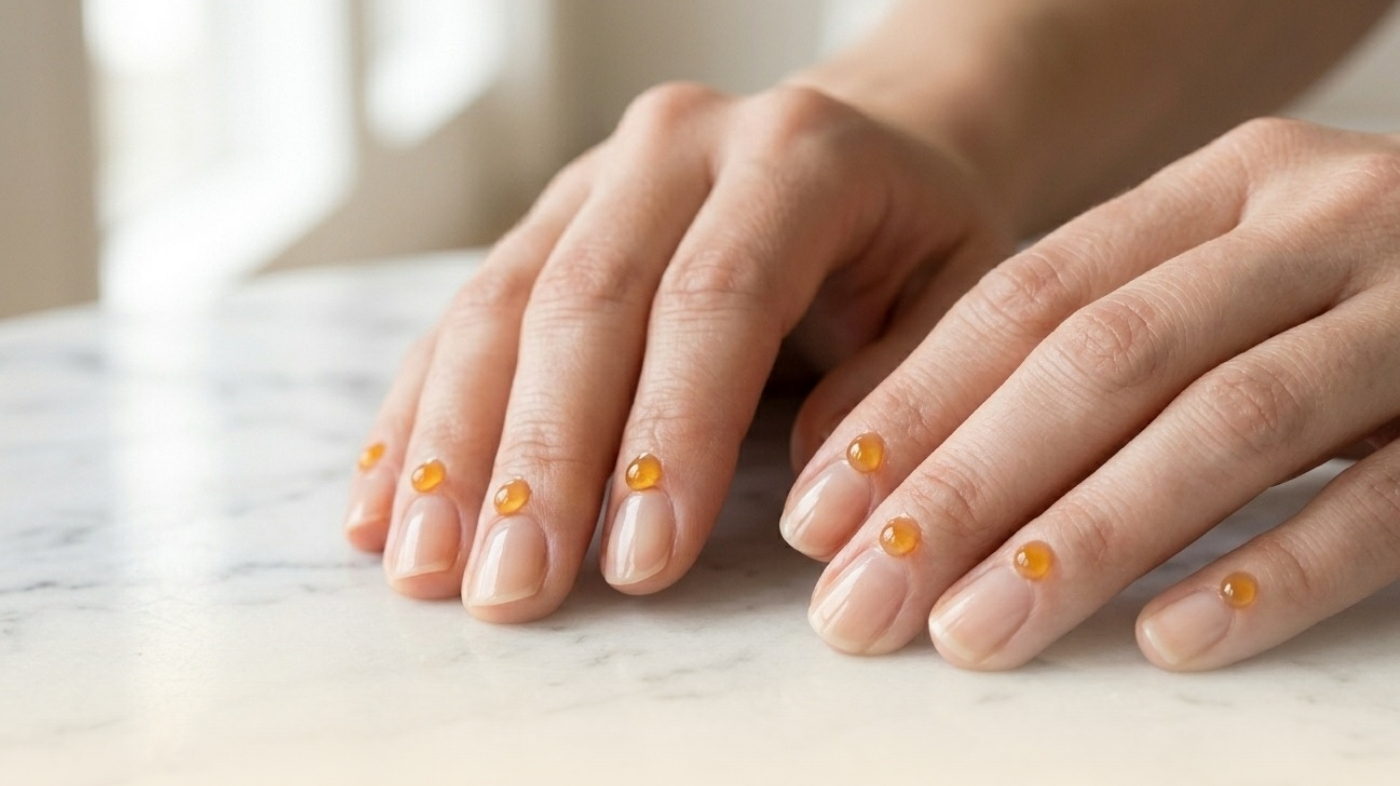 Applying cuticle oil to healthy natural nails after dip powder removal — essential aftercare step for nail recovery