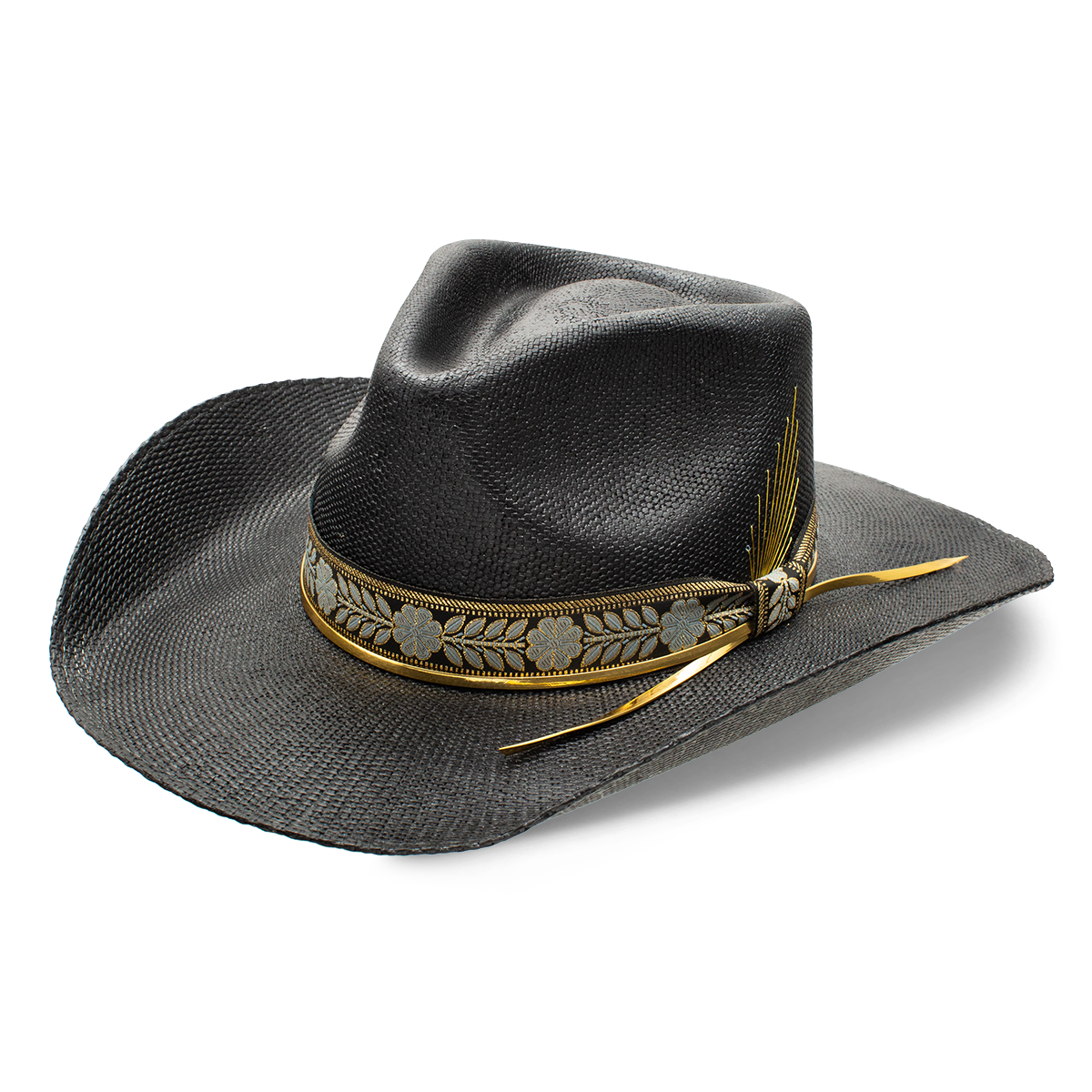 Black cowboy hat with decorative band and ribbon.
