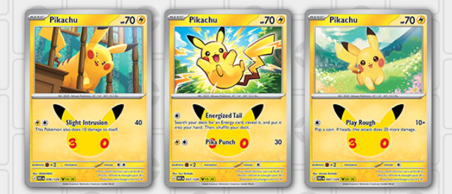Three of the 30 Pikachus that will be available in Pokémon TCG 30th Anniversary boosters.