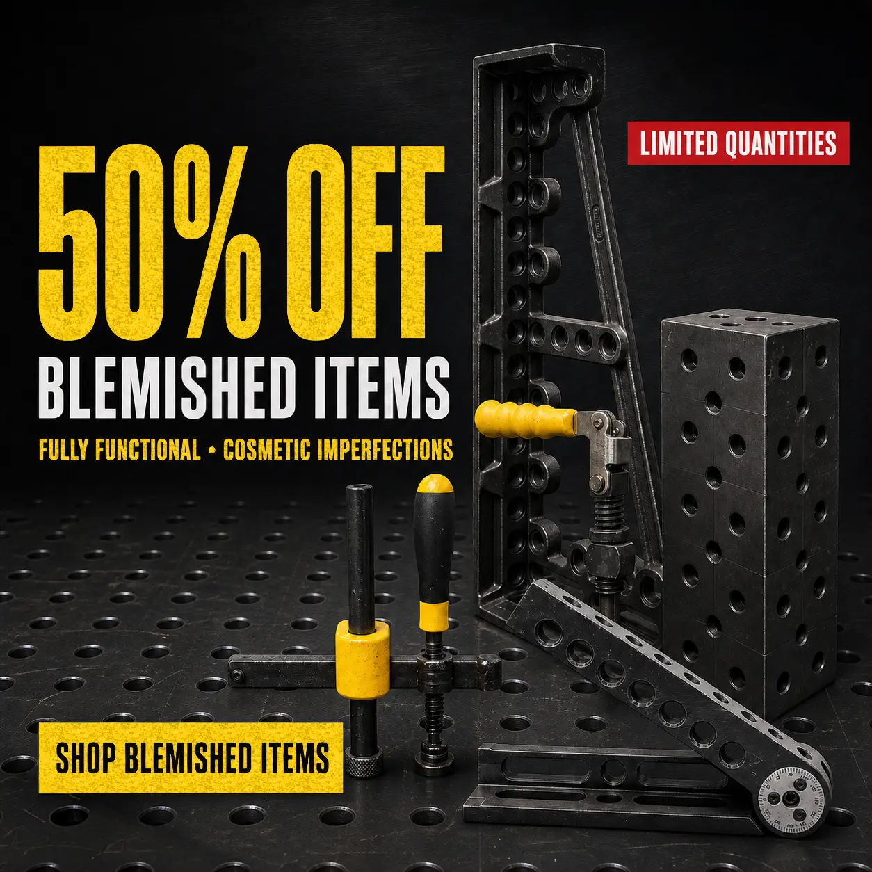 Promotional image for 50% off blemished items, showcasing gym equipment.