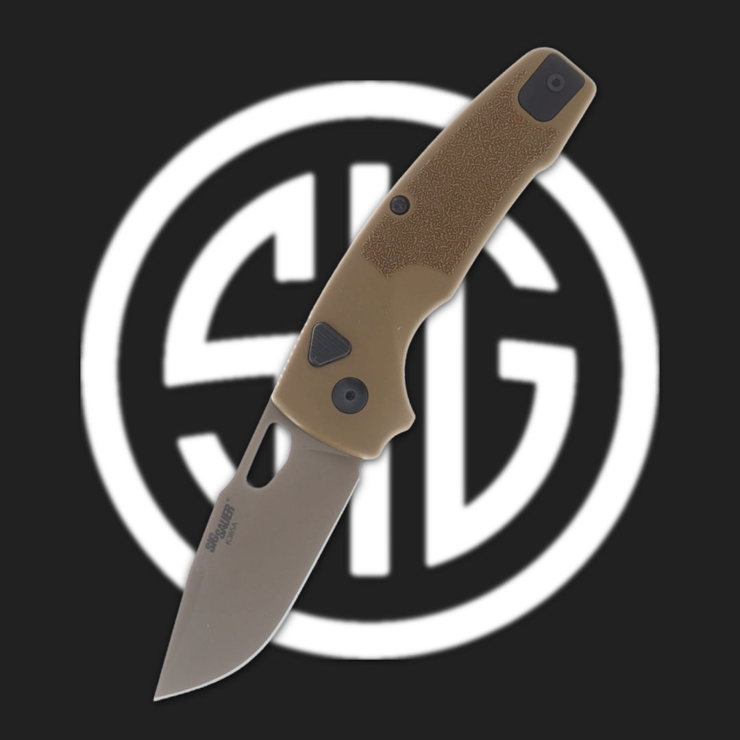 Folding knife with tan handle on a black background with a logo.