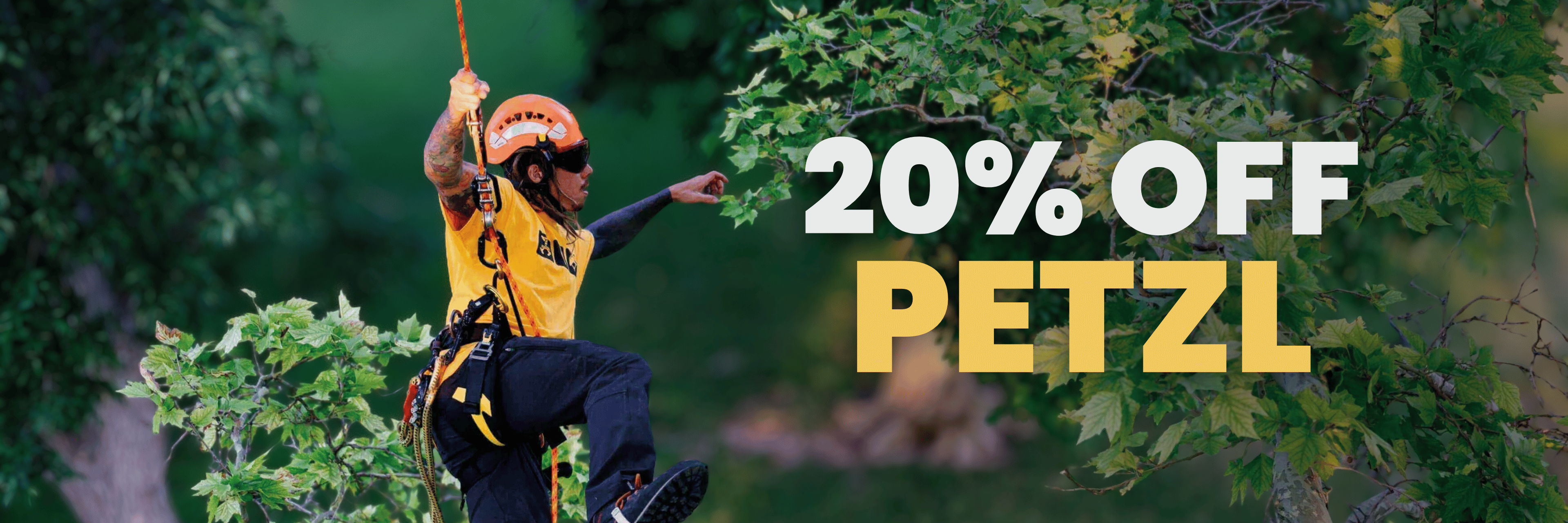 Person rappelling with text promoting 20% off Petzl products.