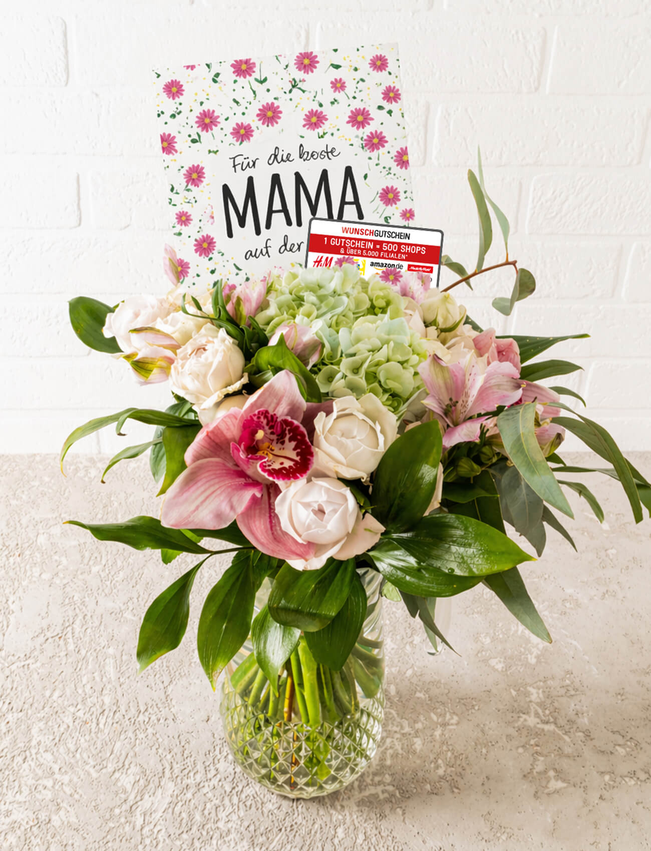 Bouquet of flowers with a card that says 