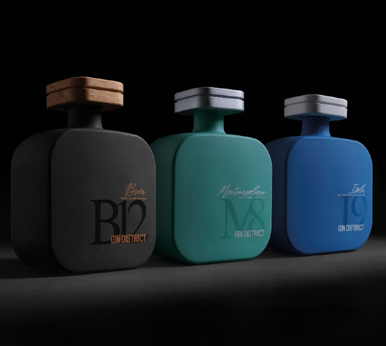 Three stylish perfume bottles in black, teal, and blue against a dark background.