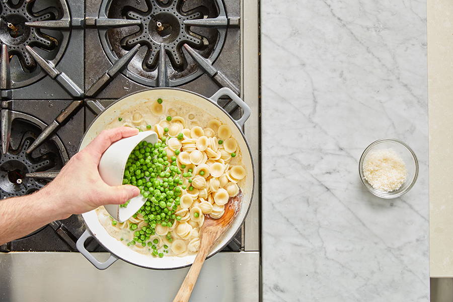 Peas added to pan