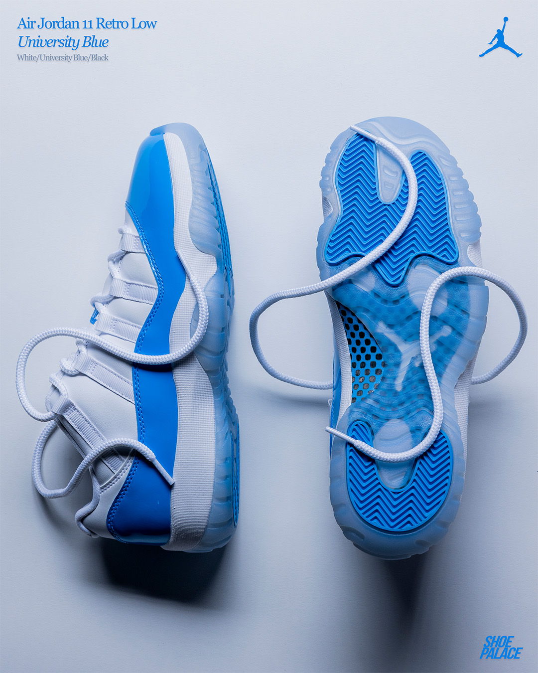 Air Jordan 11 Retro Low in University Blue with white accents.