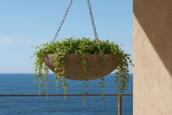 Hanging planter with greenery against a backdrop of ocean and blue sky.