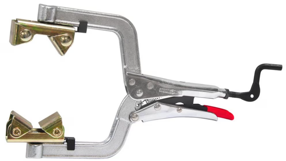 A metal clamp with adjustable jaws and a trigger mechanism.