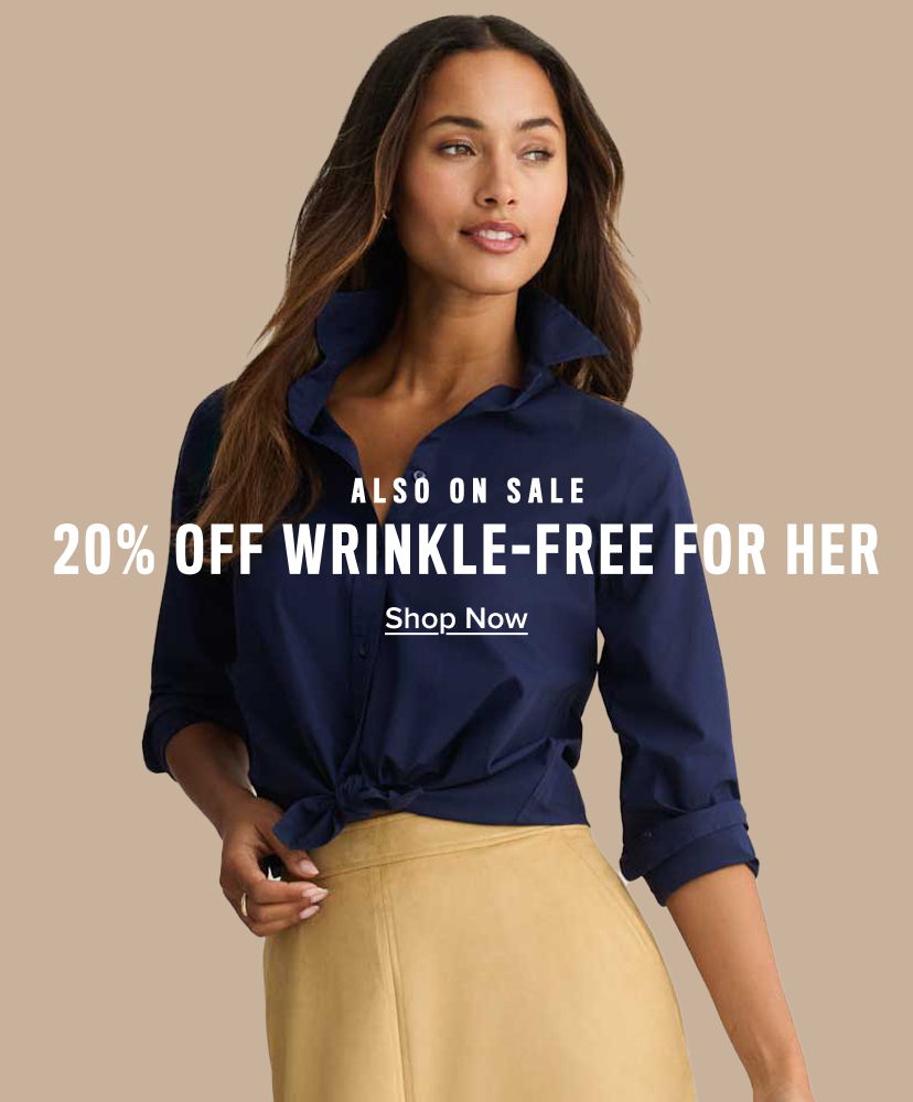 Model promoting wrinkle-free clothing with sale information.