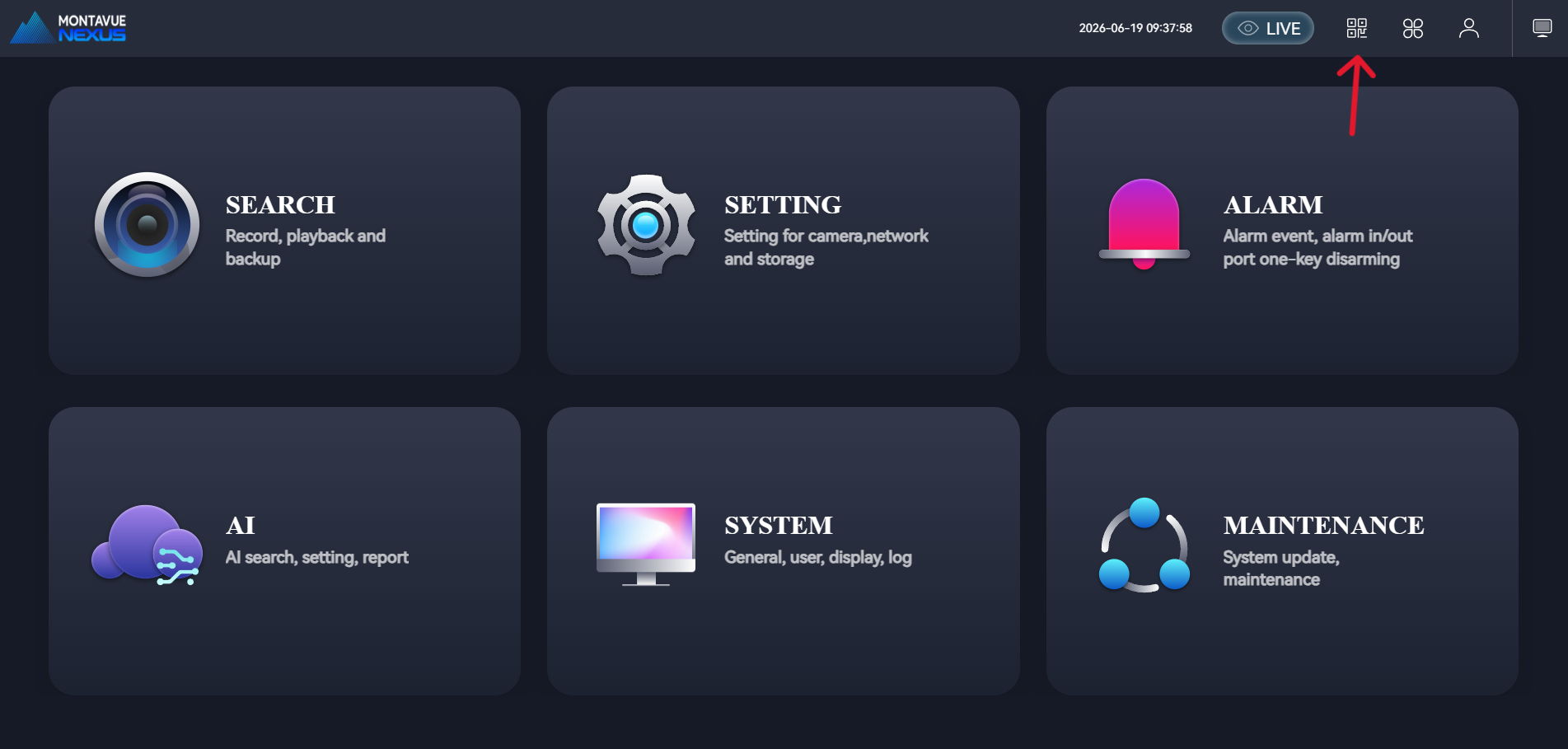 User interface with various feature icons and buttons.