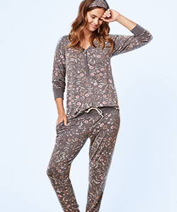 This is J Henley Harem bamboo pajama set, Emmy Flower, charcoal grey.