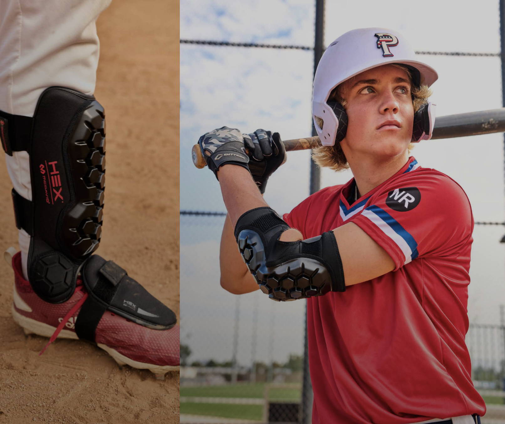 Youth Baseball Player/Athlete Wearing HEX® High Impact Baseball Gear For Leg & Elbow