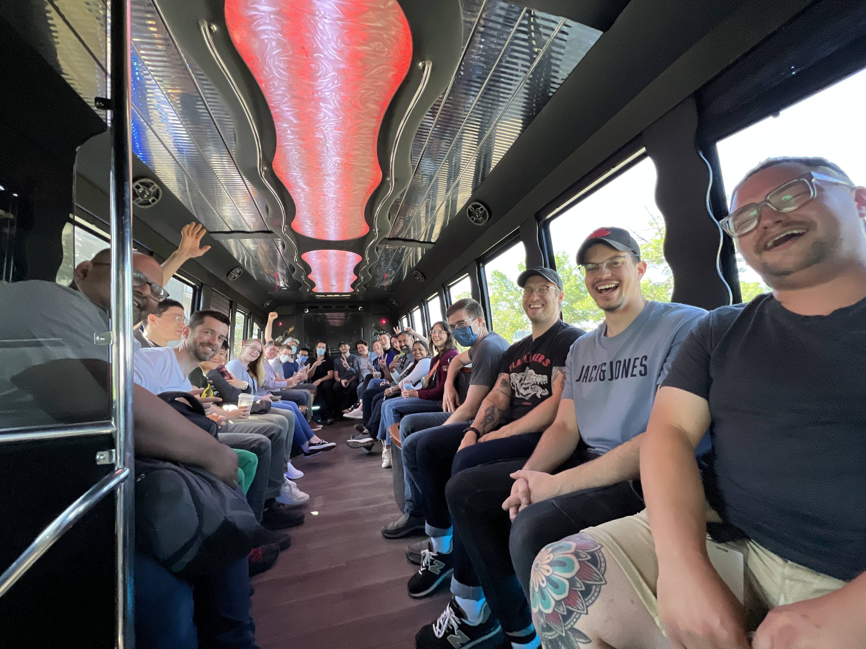 Future Fields team on a party bus, July 2022.