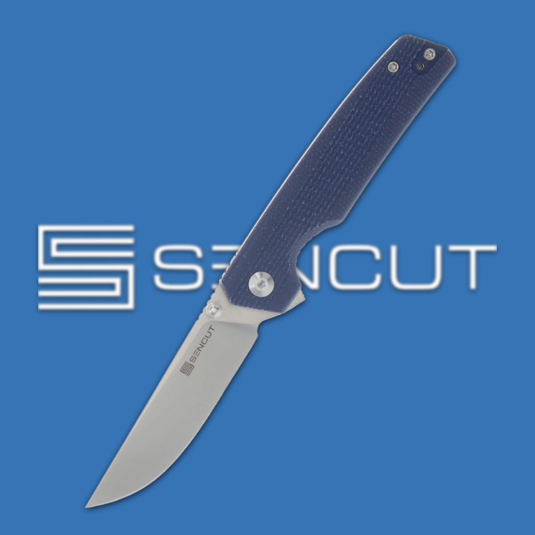 Folding knife with blue handle and stainless steel blade on blue background.