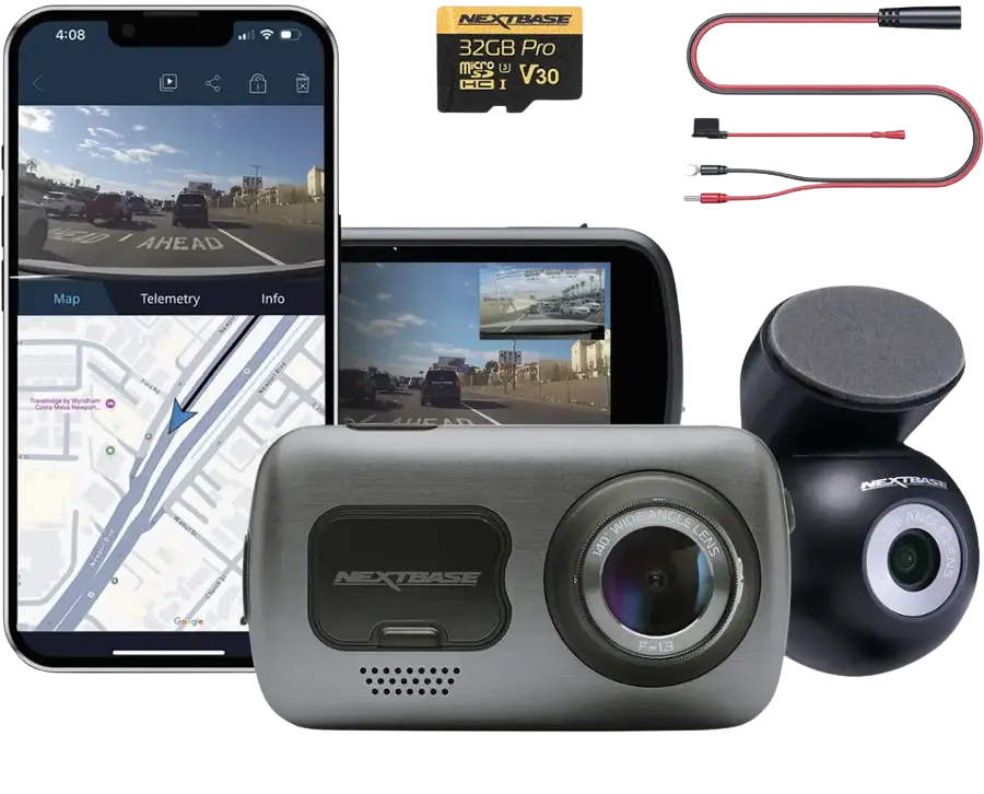 Dashboard camera setup with smartphone, memory card, and accessories.