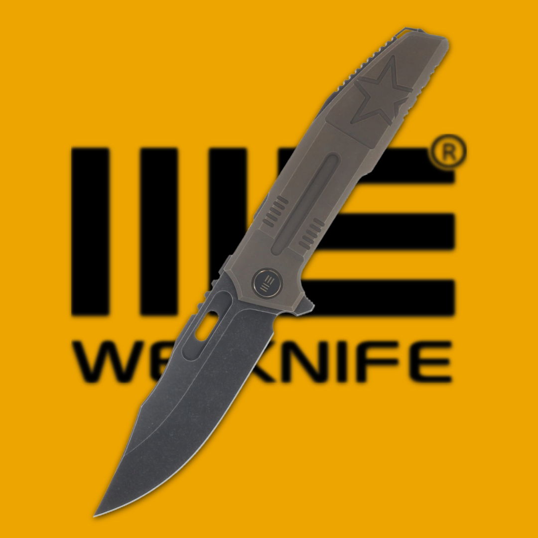 A knife on an orange background with the WE Knife logo.