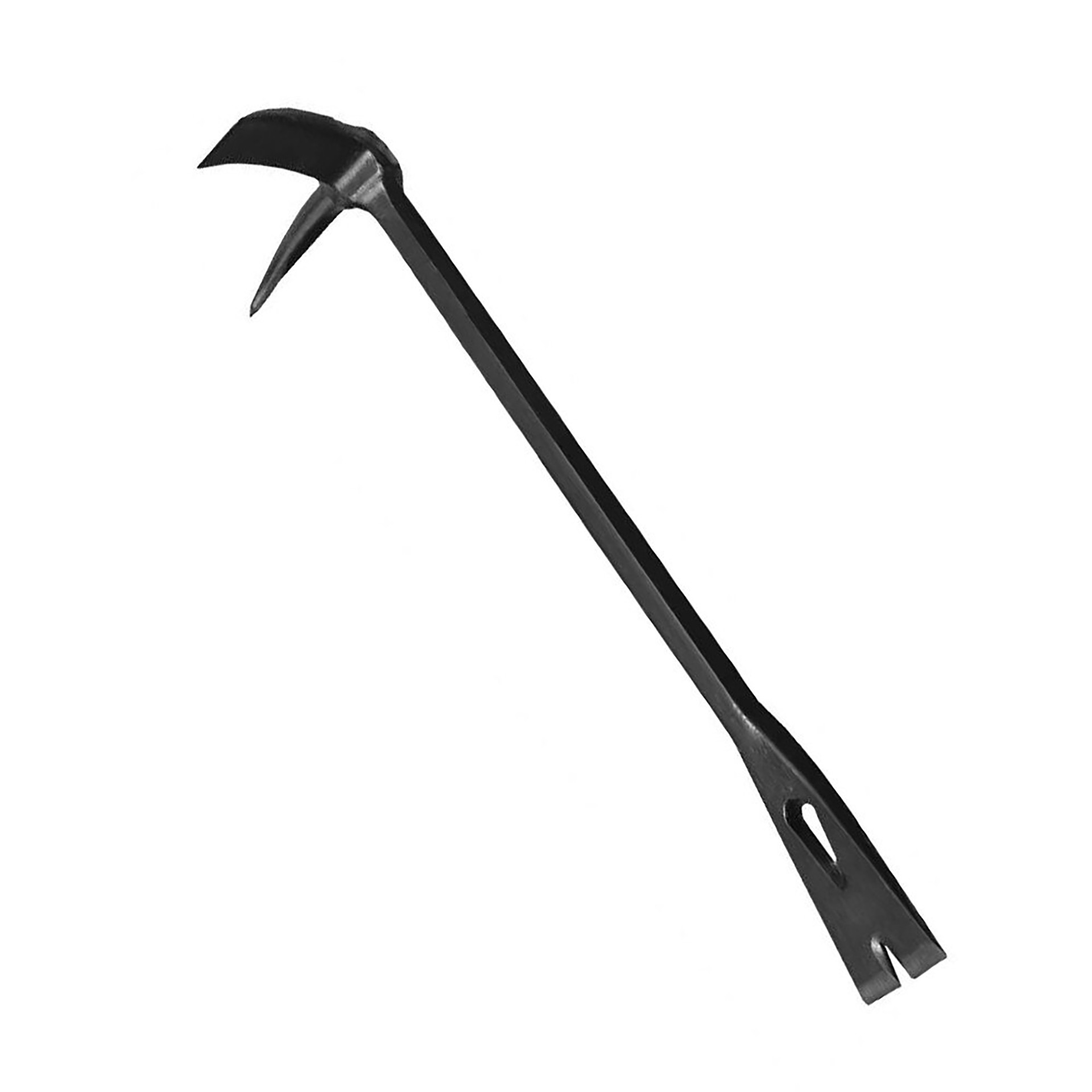 A black crowbar with a curved end and flat prying edge.